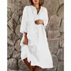 Vestido Longo Estilo EU/US Verde Fluorescente Solto Emagrecedor Manga Média Gola Alta Estilo Cardigan para Mulheres