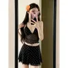 Conjunto de Dos Piezas de Malla Retro de Lunares Estilo Coreano Sexy con Tirantes Falda Corta de Cintura Alta Adelgazante Atuendo Casual de Vacaciones Puro Deseo para Mujer Moderno