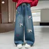 Jeans para niña 2026 nuevo estilo de otoño, talla mediana a grande, con un lazo tridimensional, diseño de pierna recta, pantalones largos casuales para niños, colección de otoño