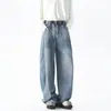 Calça jeans masculina de corte solto com design patchwork, estilo americano, versátil, fluida, casual, perna reta, moderna, perna larga, calça comprida para o outono