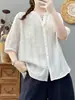 Elegante Camisa Blanca de Manga Media y Cuello en V para Mujer, Holgada y Versátil, Camisa Casual Delgada Transpirable, Camisa de Manga Corta Estilo Perezoso