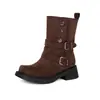 Botas Western Retrô Melanoides Femininas Outono Inverno Solado Grosso Salto Bloco Fivela de Cinto Botas de Cano Médio Estilo Wasteland Botas Martin Foscas