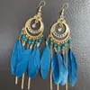 Brincos Vermelhos Boêmios Brincos de Férias Longas de Viagem a Yunnan Joias Elegantes de Pena Esquema de Cores Dopamina para Mulheres