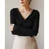 Suéter de punto gris con cuello en V estilo francés para mujer, colección de otoño, elegante y ajustado, perfecto como capa interior o base, top de suéter de lana