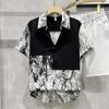 Camisa com Costura de Design, Mergulho, Personalidade Original, Estampa Assimétrica Retrô, Corte Solto, Não Amassa e Bonita, Camisa de Botão