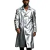 Casaco longo de couro brilhante estilo europeu e americano para homens, trench coat longo acima do joelho com botões prateados metálicos, jaqueta casual vintage de motociclista