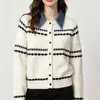 Cardigan de tricô com gola de camisa em blocos de cores listradas europeu e americano transfronteiriço, novo estilo outono/inverno feminino, patchwork de jeans, suéter falso de duas peças