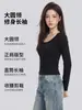 Camiseta Básica Lisa de Gola Redonda para Mulheres, Novo Estilo Outono, Esticável Slim Fit, Ombro Regular, Manga Longa, Emagrecedora, Top Base Versátil