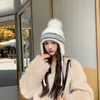 Orejeras de lana tejida de color sólido con estampado de piña y cintas, versátiles para otoño e invierno