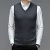 Colete Outono e Inverno Novo Colete Tricotado Sem Mangas com Decote V Masculino Cor Sólida Meia-Idade Negócios Suéter Interno