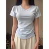 Camiseta Feminina de Verão Petite Estilo Simples Plissada Cinturada Decote V Manga Curta Ajustada Básica Top Curto Versão Coreana