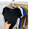 Camiseta de Manga Corta de Color Sólido, Estilo Nuevo Verano 2026, Cuello Cuadrado Bajo que Expone la Clavícula, para Mujer, Ajuste Ceñido, Algodón Acanalado, Adelgazante, Hombro Normal