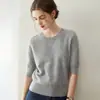 Camiseta de tricô feminina 100% caxemira de manga curta, macia e amiga da pele com toque de bebê, gola redonda simples, mangas três quartos, moderna