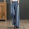 Pantalones Largos de Verano Holgados Pierna Ancha de Lino Algodón Retro Talla Grande para Mujer Pantalones Casuales Monje de Lino Algodón Elástico Artístico de Color Sólido