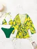 Bikini sexy de tres piezas para mujer estilo europeo y americano con estampado de plantas, con salida de baño de malla con cordón y traje de baño de dos piezas de atar