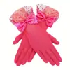 Guantes de Novia Elegantes para Boda y Eventos Nocturnos con Puntos, Adorno de Encaje Negro, Guantes Creativos con Moño, En Stock
