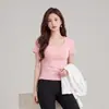También Camiseta de Manga Corta Cuello Redondo Mujer Verano Nuevo Estilo Color Sólido Corte Ajustado Base Corta Elástica Versátil Top para Viajes