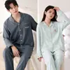 Pijama atacado de manga longa e calça longa para mulheres, novo tecido de algodão stretch de outono, cardigã masculino com gola de lapela, roupa para casa para casais