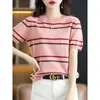 Camiseta de algodón a rayas de manga corta, camiseta básica de punto para mujer, nuevo top corto de verano con bloques de color y cuello redondo de media manga