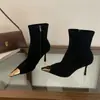 Botas de Moda Pontiagudas de Metal Luxuosas, Botas Femininas de Salto Agulha Estilo Francês para Outono e Inverno, Botas de Cano Curto Elegantes Versáteis Pretas de Salto Alto