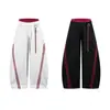 Pantalones Casuales de Doble Capa con Parche Interior Rojo, Bloques de Color Rayados Estilo Retro Americano para Hombres y Mujeres con un Diseño Holgado de Pierna Ancha