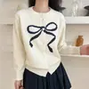Jaqueta Tricô Feminina Outono Inverno Chic Coreano Design Francês Gola Redonda Estampa de Laço Macia e Versátil Manga Longa