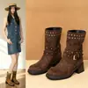 Botas para mujer de talla grande, tallas 41 a 42, con tachuelas y tacones gruesos, botas estilo western, nueva colección otoño 2026, botines retro de tacón medio
