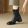 Botines Chelsea Redondos de Piel de Oveja Retro con Tacón Grueso Medio para Mujer 2026 Otoño Nuevo Estilo Estilo Británico Botines Tobilleros Zapatos de Mujer