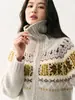 Suéter de cashmere com gola Fair Isle, cardigã de tricô com zíper, estilo retro solto e relaxado para o início do outono feminino