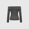 Top de una sola manga larga a rayas de color blocking retro de otoño estilo Ins, estilo americano con patrón cruzado y pedrería, estilo europeo y americano