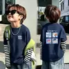 Camiseta de Manga Larga de Algodón Puro para Niños, Ropa de Primavera y Otoño, Elegante, Tallas Medianas y Grandes, Marca Moderna, Estampado de Rayas Patchwork, Camiseta Base Suelta