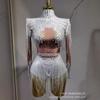 Body Elástico Multicolor con Borla de Diamantes Brillantes Traje de Escenario para Danza Latina Disfraz de Performance para DJ Cantante Bailarín Cosplay