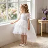 Nuevo Vestido Blanco de Amazon para Niñas con Lazo, Tul Abullonado, Vestido de Novia con Cola, Vestido de Manga Corta, Vestido para Actuación de Piano