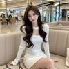 Vestido de manga larga con cuello cuadrado estilo Gao Leng Yujie para mujer, diseño elegante y nicho, cintura ajustada, falda adelgazante de cadera