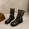 Botas cortas apilables plisadas versátiles punta redonda hasta la rodilla botas de montar hebilla retro francés mujer no nuevas de media pantorrilla