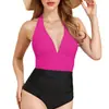 Traje de baño tipo tankini de una pieza con cuello halter y bloques de color estilo europeo y americano, cuello en V, que oculta el abdomen y estiliza la cintura, conservador, para efecto adelgazante, adecuado para playa, aguas termales y trajes de baño de vacaciones