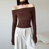Top de Punto Negro con Cuello Colgante Estilo Hong Kong Francés Estilo Té Negro Cumpleaños Compromiso Navidad Año Nuevo Suéter Sexy Rojo Angora