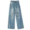 Jeans Rasgado Retrô Americano para Mulheres 2025 Tendência Novo Solto Emagrecedor Reto Casual Calças de Perna Larga