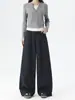 Calça Azul Marinho com Barra Curva Mais Vendida no Xiaohongshu para Mulheres, Nova Calça Casual Primavera 2026, Calça Social Wide Leg Drapeada de Cintura Alta