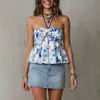Comercio exterior transfronterizo europeo y americano ropa de mujer 2026 verano nuevo top azul y blanco estampado de cuello halter ajustado, camisola casual de moda