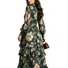 Vestido de Festa Estilo Europeu com Estampa Floral, Manga Longa, Decote V, Gola Lapela, Babados e Fenda Alta