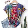 Camiseta de Mujer Verano Nueva Cuello Redondo Manga Corta Estampado de Flores y Hierba Casual Deportiva Holgada Transpirable Tejido Ligero Casual