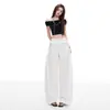 Pantalones casuales de pierna ancha con curvas para mujer, con volantes de lunares blancos, finos, holgados y fluidos, de longitud hasta el suelo, para verano.
