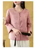 Nueva Chaqueta Estilo Chino de Alta Gama de Satén Jacquard Cuello Redondo Elegante Abotonada Holgada de Manga Tres Cuartos Traje Tang para Mujer