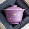 Juego de Té de Cerámica Morado Liso de Tres Piezas con Patrón de Mariposas, Hecho en Fábrica, con Taza de Té Individual y Gaiwan
