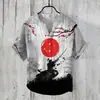 Nueva Camisa Hawaiana para Hombre Paisaje con Tinta Estampado de Sol Transfronteriza Europea y Americana Camisa de Lino de Bambú de Manga Corta con Cuello en V