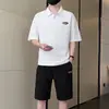 Roupas masculinas da moda para o verão, caimento solto, camiseta estudantil de marca da moda com manga curta, camisa polo jacquard de cinco quartos com gola de lapela