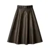 Falda midi de piel para mujer para otoño e invierno, de cintura alta, falda larga con bolsillos, que cubre la cadera y efecto adelgazante