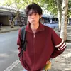 Suéter masculino vermelho com três listras para o ano do zodíaco, cardigã de tricô casual retrô de inverno