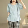 Camisa jacquard texturizada artística para mujer, cuello redondo elegante, encaje, manga media, camisa de algodón, verano